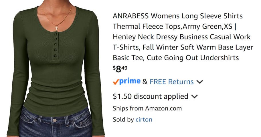 woman wearing green henley next to Amazon pricing information