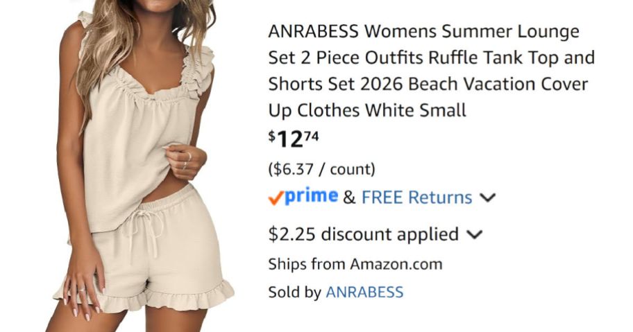 woman wearing ruffled tan pajama set next to Amazon pricing information