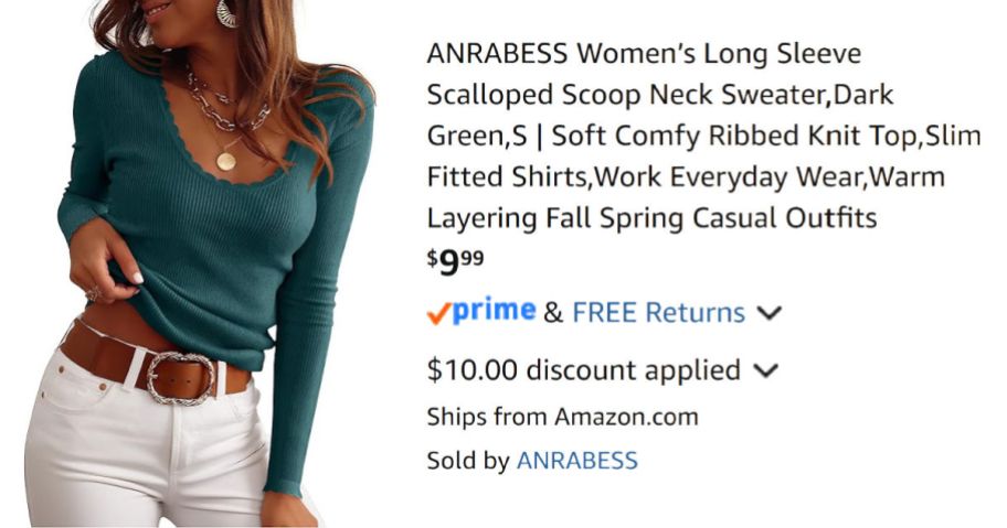 woman wearing green shirt next to Amazon pricing information