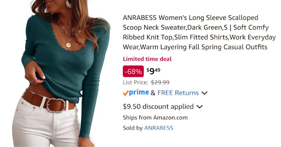 woman wearing green shirt next to Amazon pricing information