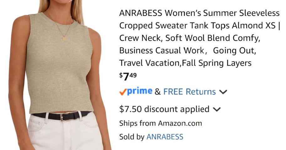 woman wearing tan sleeveless shirt next to Amazon pricing information