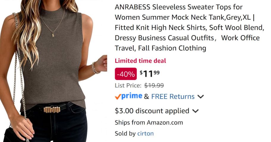 woman wearing sleeveless brown shirt next to Amazon pricing information 