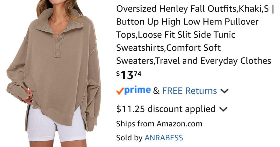 woman wearing tan sweatshirt next to Amazon pricing information