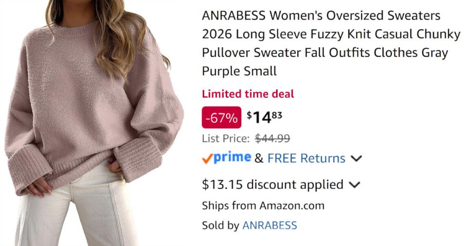 woman wearing sweater next to Amazon pricing information