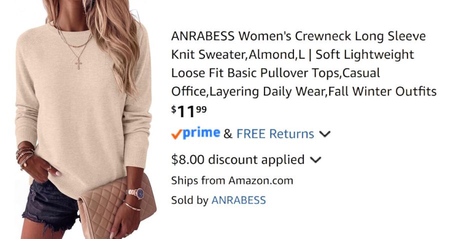 woman wearing beige sweater next to Amazon pricing information