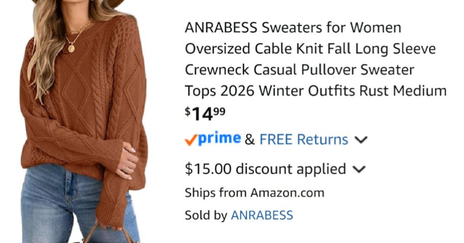 woman wearing rush colored sweater next to Amazon pricing information