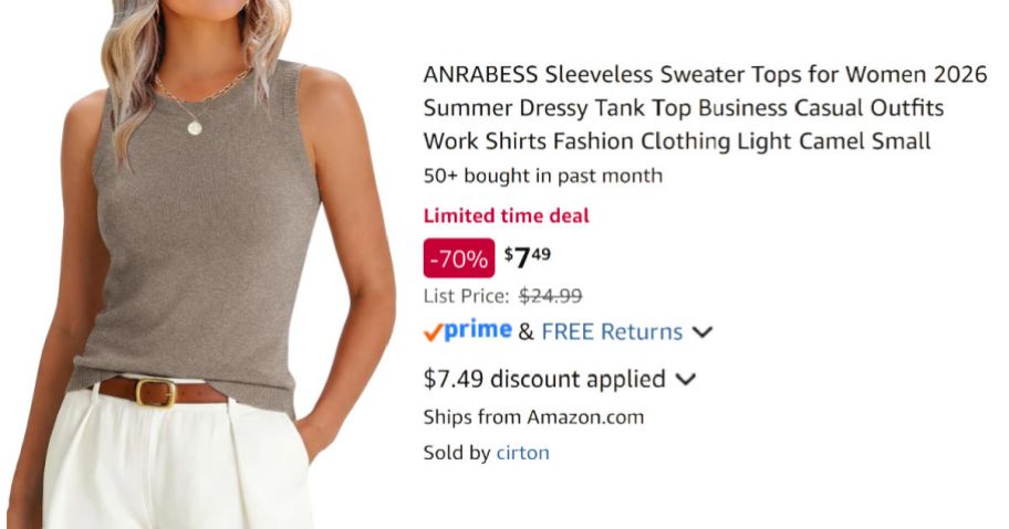 woman wearing tan tank top next to Amazon pricing information