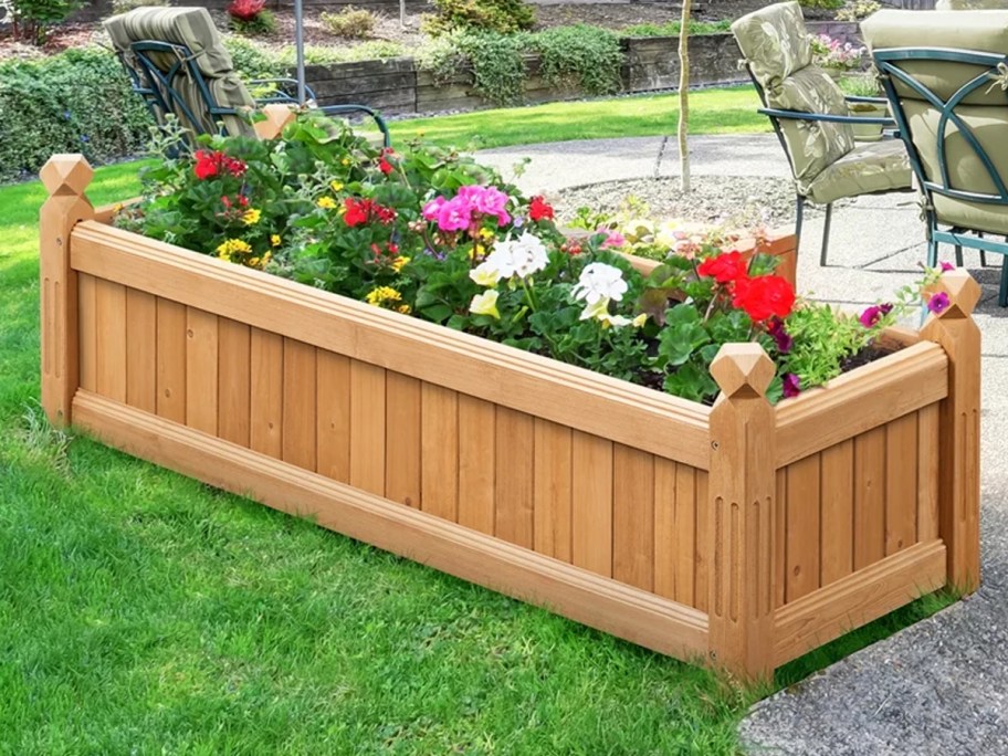 wood planter box with flowers 
