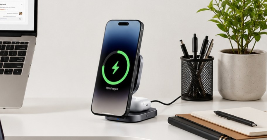 an iPhone and iPods case on a wireless MagSafe charger on a desk