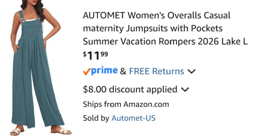 woman wearing green overalls next to Amazon pricing information