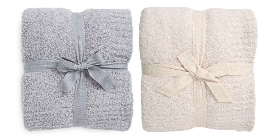 Stock photo of gray and white barefoot dreams blankets