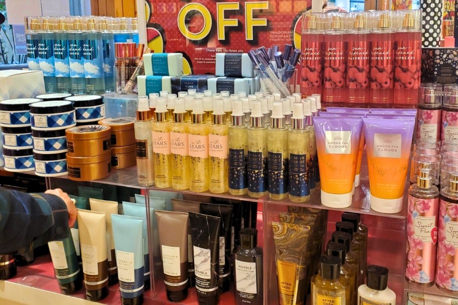 a body care display table in a bath & body works store