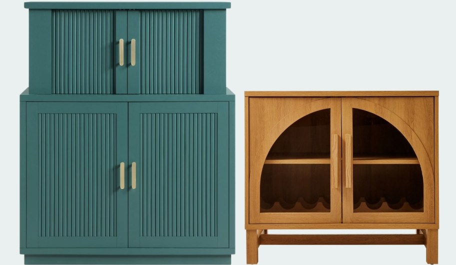 two bar cabinets in different styles