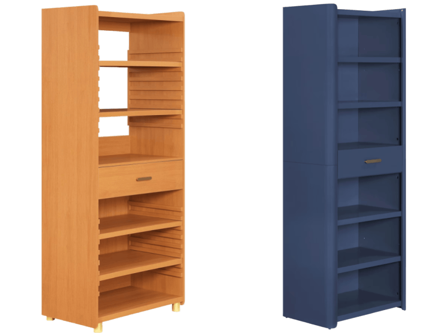brown bookcase and blue bookcase