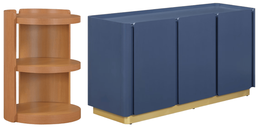 a brown end table and blue tv stand