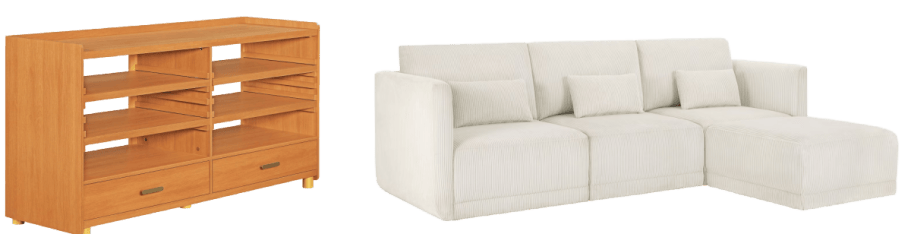 brown tv stand and white sofa