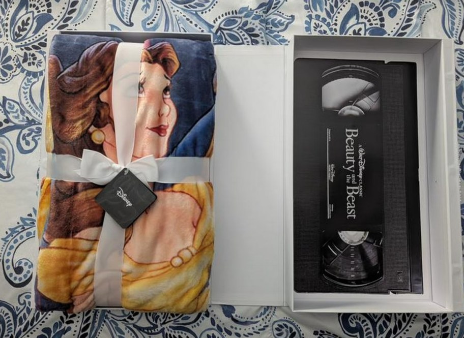 beauty and the beast throw blanket and vhs style box