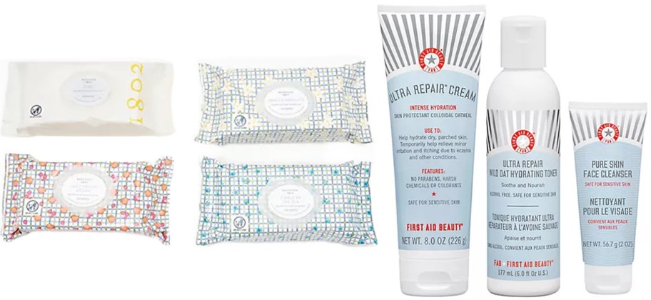 four beekman wipes packs and first aid beauty bottles 