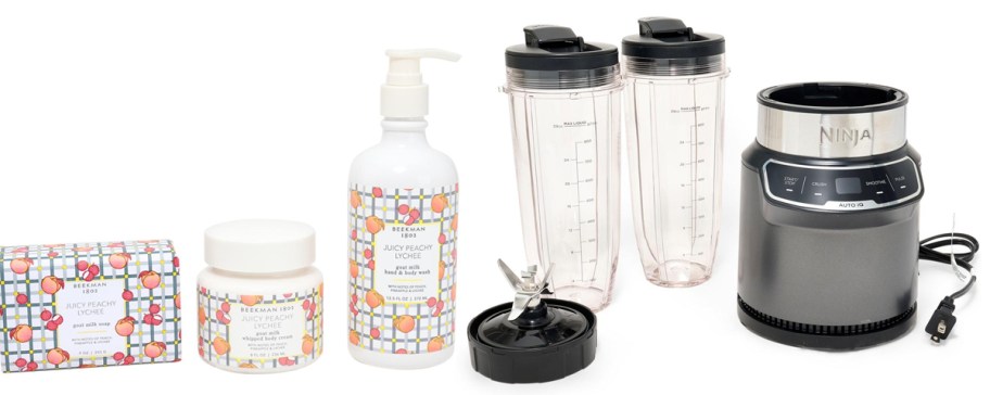 beekman soap, lotion and body wash bottles and ninja blender with cups 