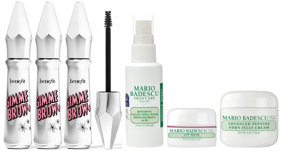 three benefit gimme brows and mario badescu facial pray and lip and cream jars 