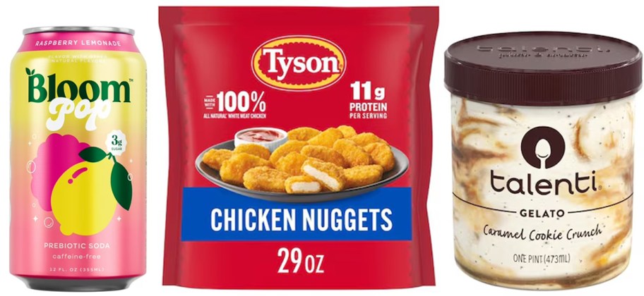 bloom drink, tyson chicken nuggets, and talenti ice cream 