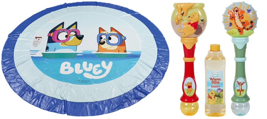 bluey splashpad and winnie the pooh bubble wands 
