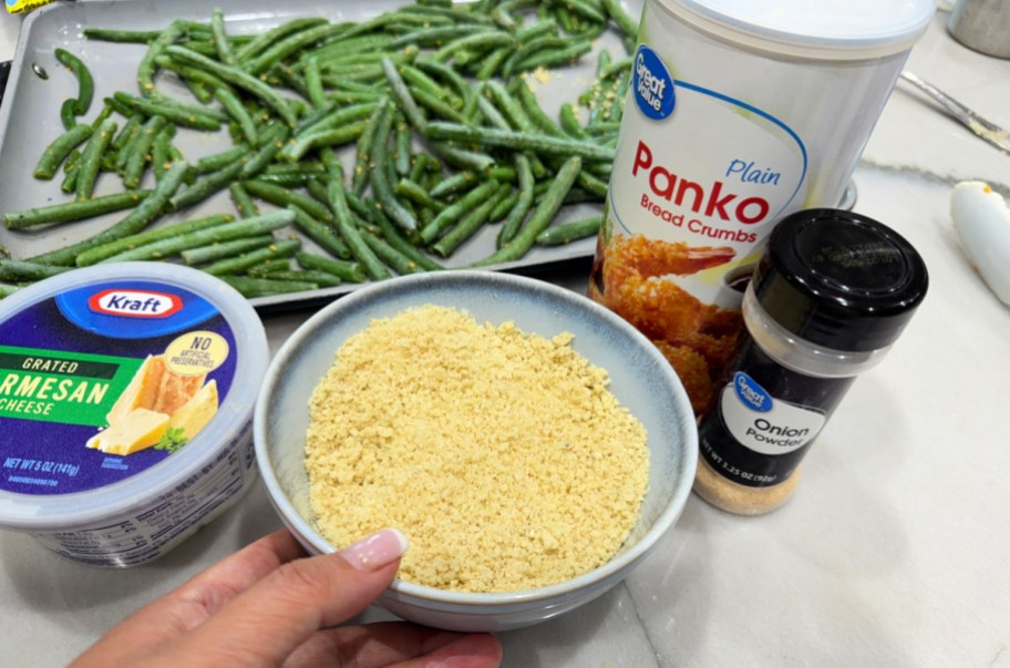 bowl with panko crumbs and parm cheese