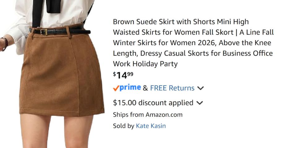 woman wearing brown skirt next to Amazon pricing information