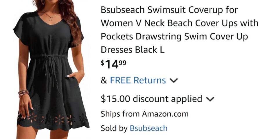 woman wearing black dress next to Amazon pricing information