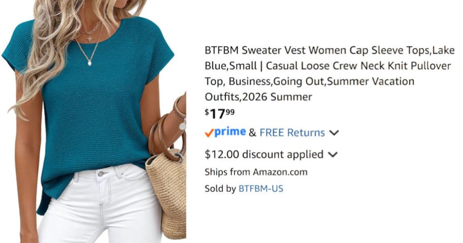woman wearing teal sweater next to Amazon pricing information