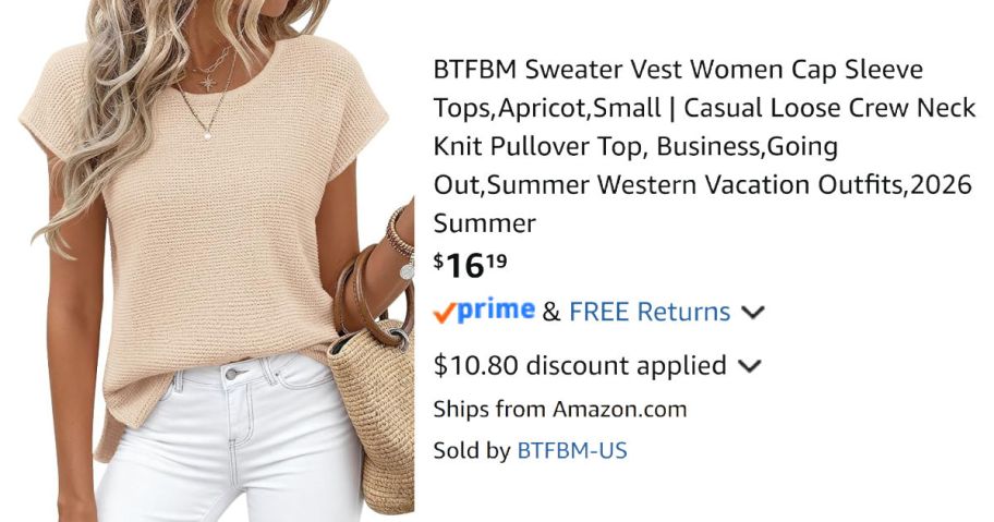 woman wearing beige sweater next to Amazon pricing information