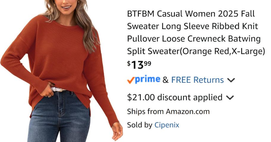 woman wearing rust-colored shirt next to Amazon pricing information
