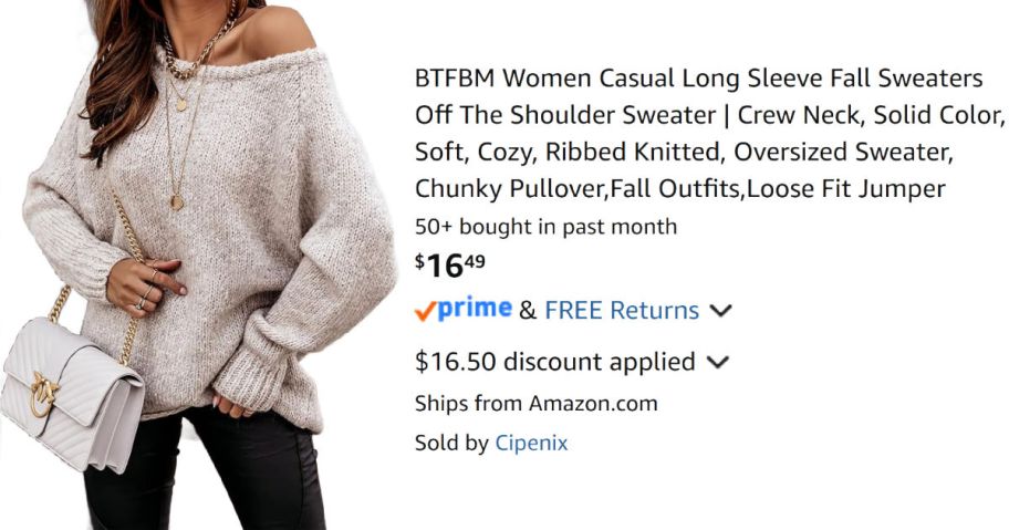 woman wearing beige sweater next to Amazon pricing information