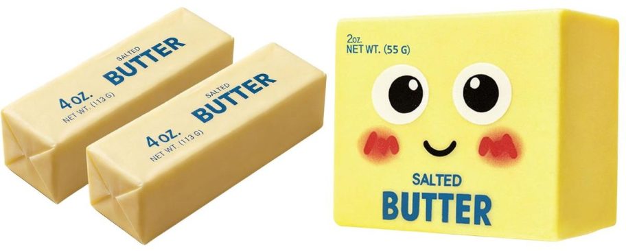 two butter squishies and another butter squishy with a smiley face on it