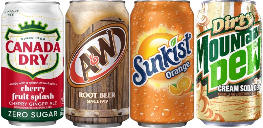soda cans for 4 different varieties of sodas