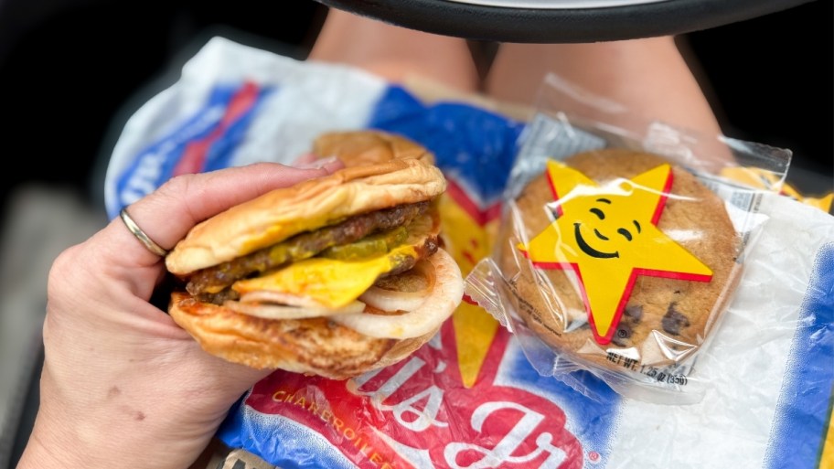 a hand holding a cheese burger