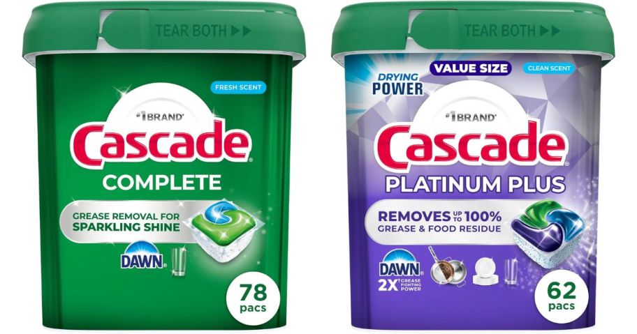 two cascade dishwasher pods containers