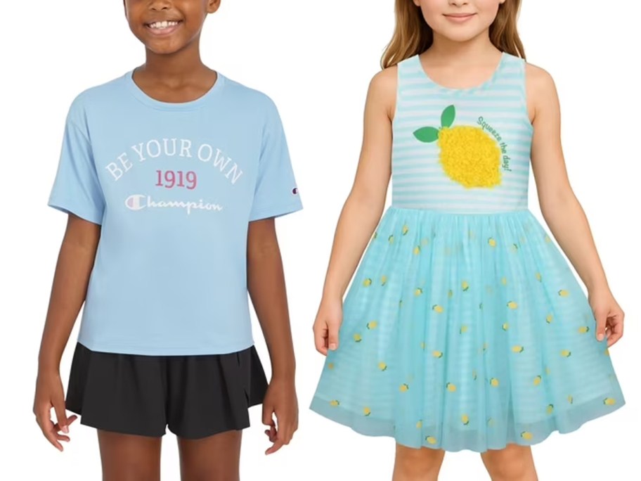 kids wearing blue tee and dress 