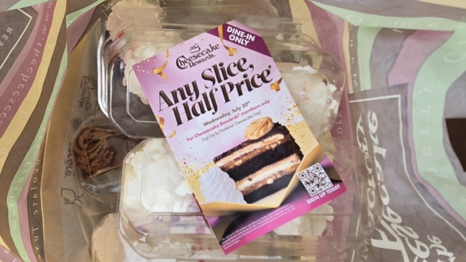 cheesecake factory bag with cheesecake to go and flyer.