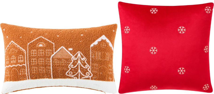a red christmas pillow and a brown christmas pillow