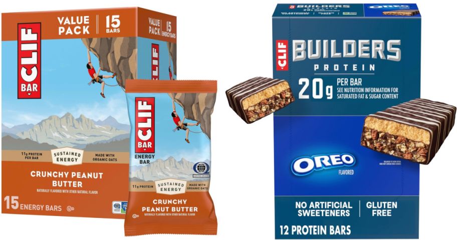 two boxes of Clif bars on a white background