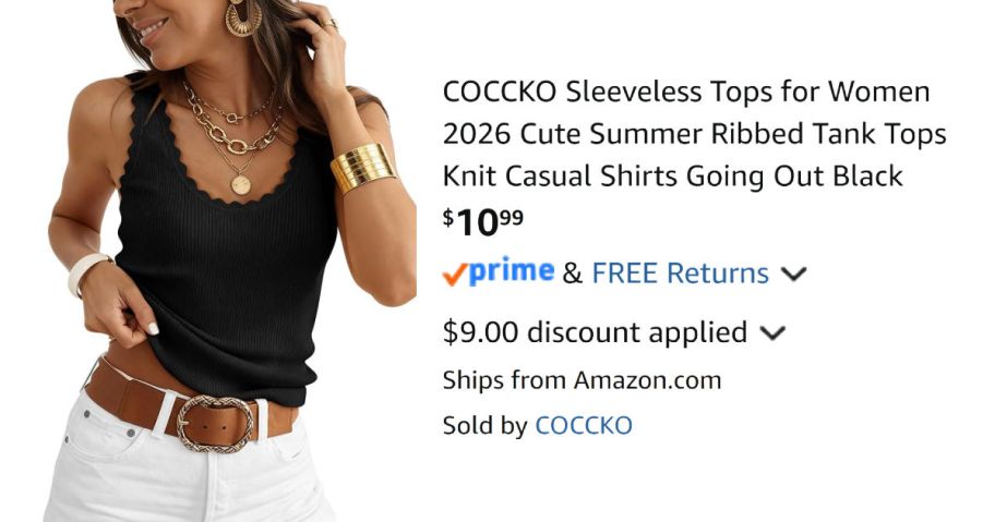 woman wearing black sleeveless shirt next to Amazon pricing information