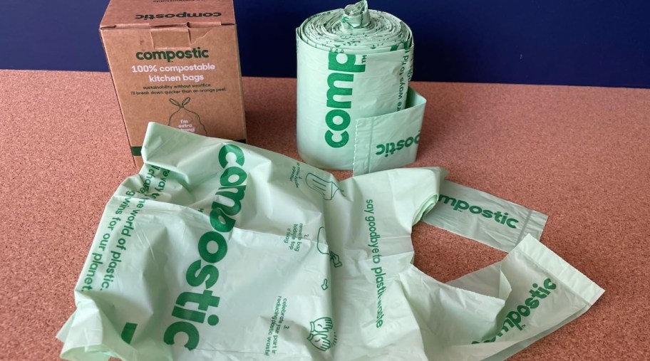 compostable trash bags on counter with box