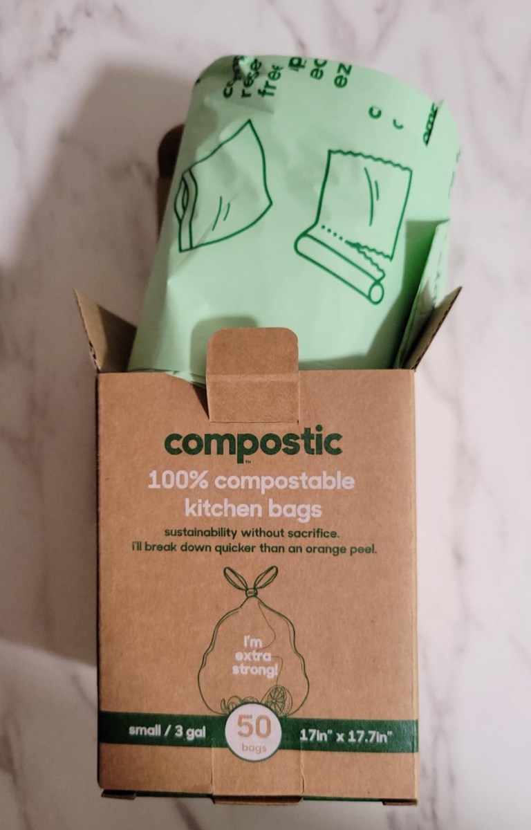 compostable trash bags coming out of box