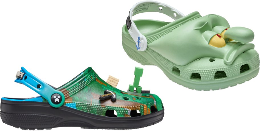 Two novelty Crocs against a white background; one is a Minecraft-themed shoe with a pixelated grass pattern and 3D charms, and the other is a light green shoe molded into the shape of Squidward's face.