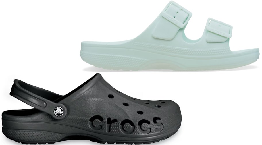 teal sandal and black clog 