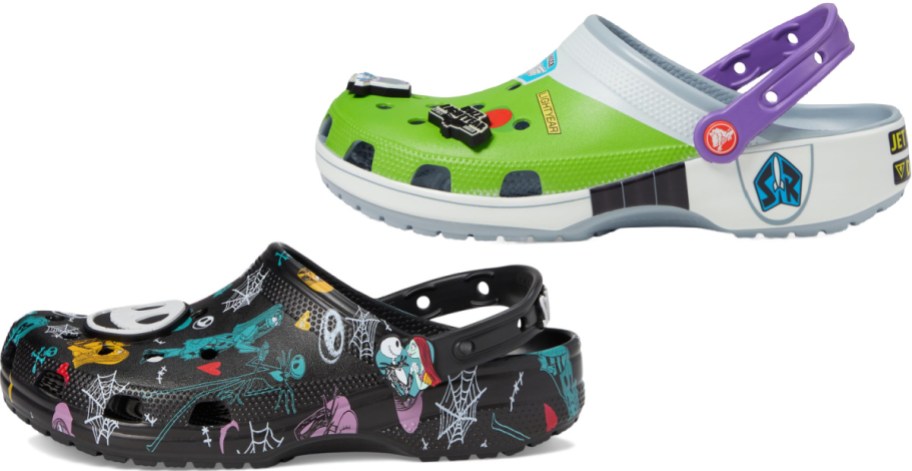 A pair of character-themed Crocs featuring a green and white Buzz Lightyear clog with a purple strap and a black clog patterned with The Nightmare Before Christimas graphics.