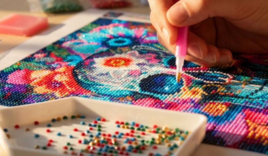 person diamond painting with different colors