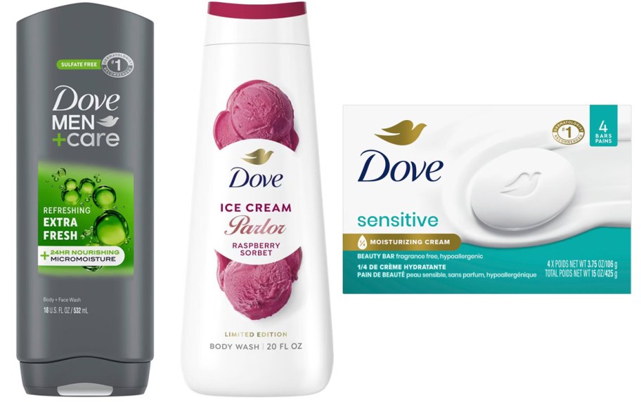 dove mens and ice parlor body wash and bar soap 