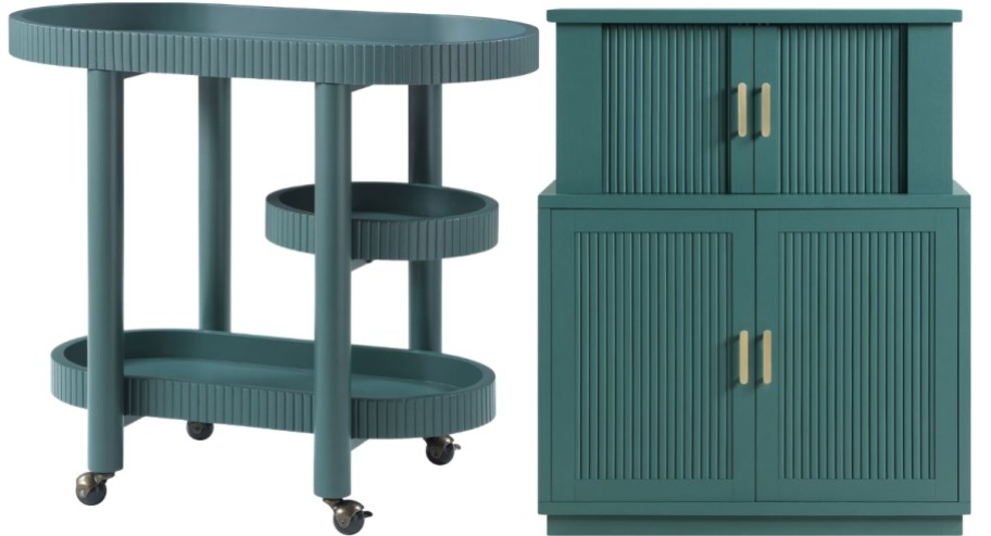 green bar cart and cabinet